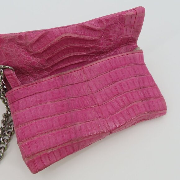 Jamah Barbi Pink Crocodile Leather Suede Lining Chain Strap Wristlet Handbag Bag - Picture 5 of 16